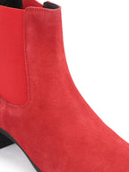Shop Women Red Flared Heel High Ankle Suede Leather Classic Winter Chelsea Boots Online.