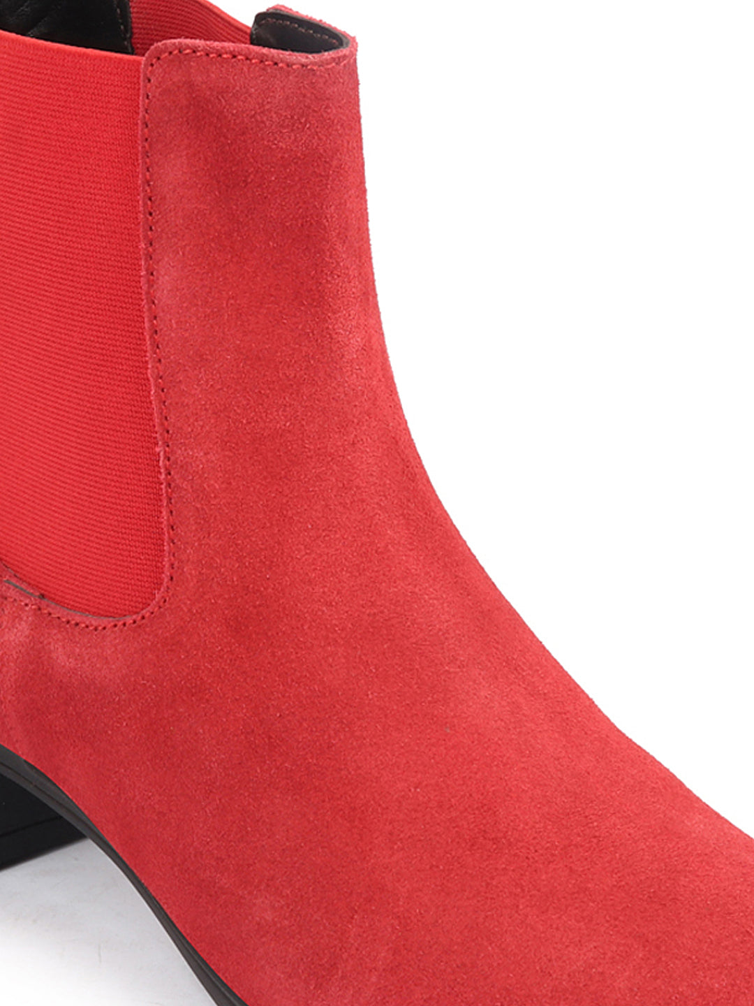 Shop Women Red Flared Heel High Ankle Suede Leather Classic Winter Chelsea Boots Online.