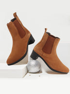 Shop Women Tan Flared Heel High Ankle Suede Leather Classic Winter Chelsea Boots Online.