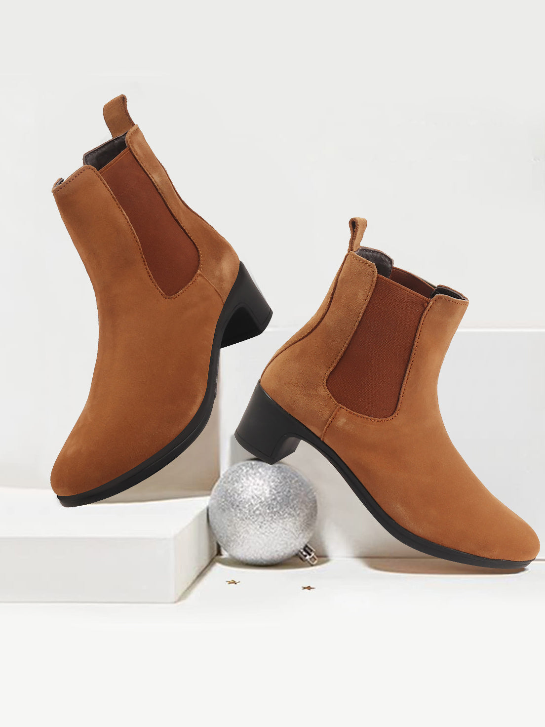 Shop Women Tan Flared Heel High Ankle Suede Leather Classic Winter Chelsea Boots Online.