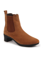 Shop Women Tan Flared Heel High Ankle Suede Leather Classic Winter Chelsea Boots Online.