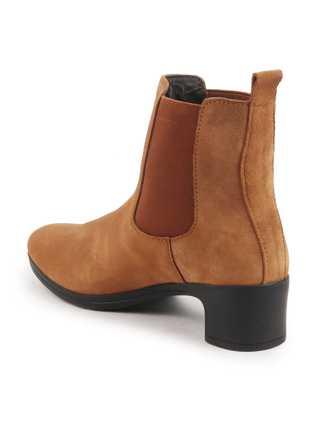 Shop Women Tan Flared Heel High Ankle Suede Leather Classic Winter Chelsea Boots Online.