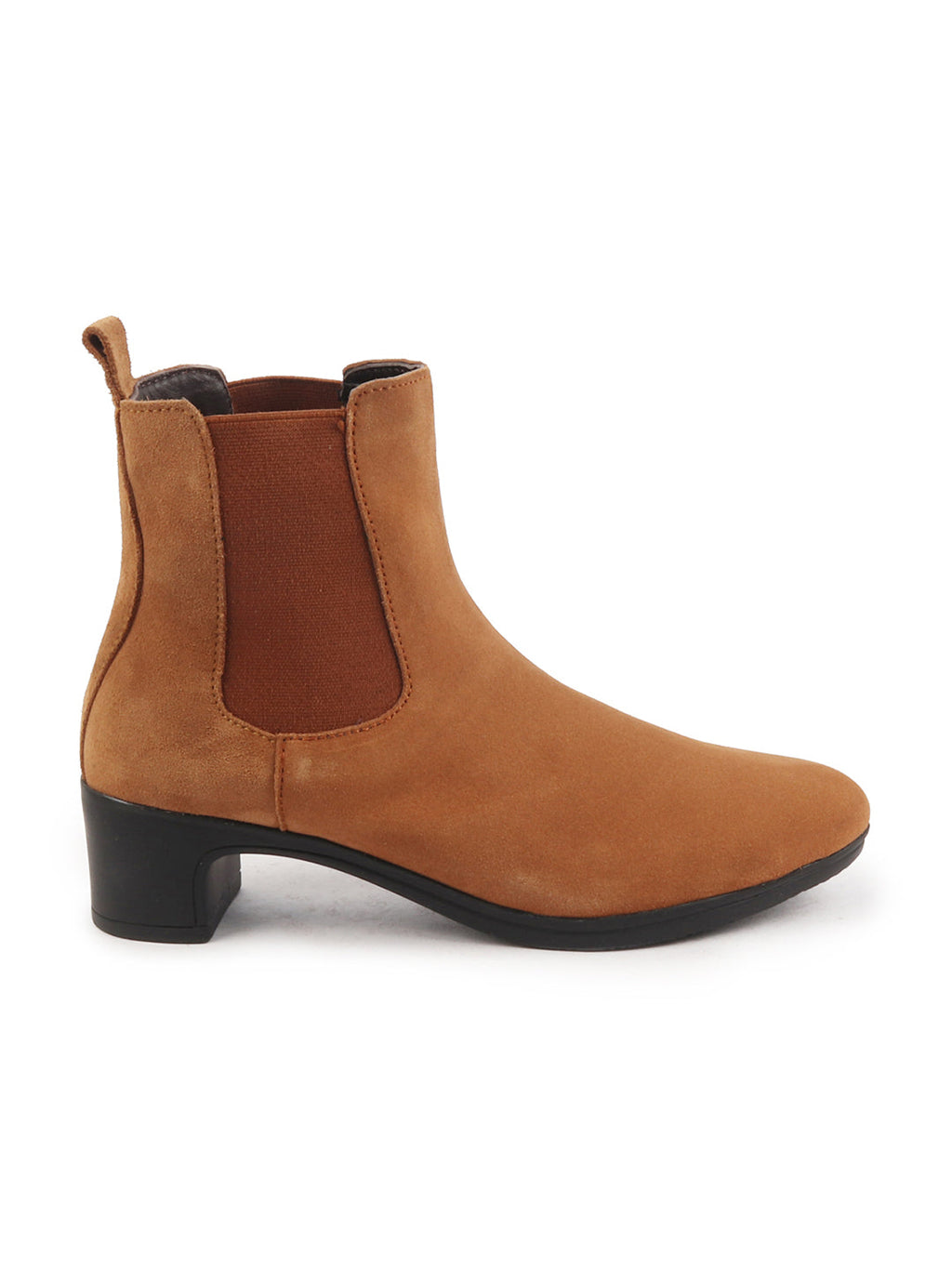 Shop Women Tan Flared Heel High Ankle Suede Leather Classic Winter Chelsea Boots Online.