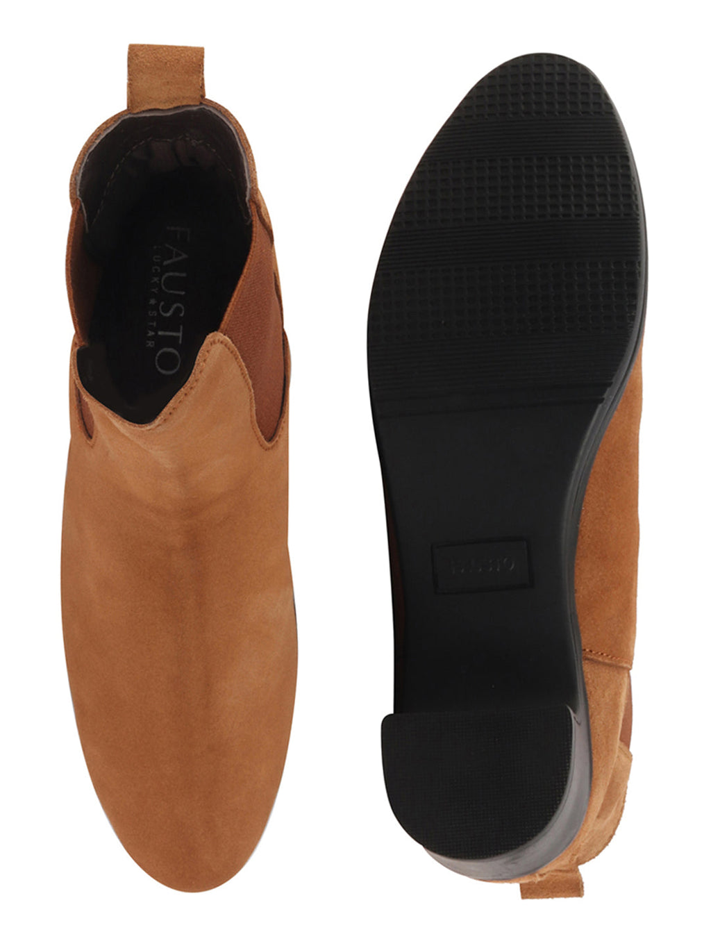 Shop Women Tan Flared Heel High Ankle Suede Leather Classic Winter Chelsea Boots Online.