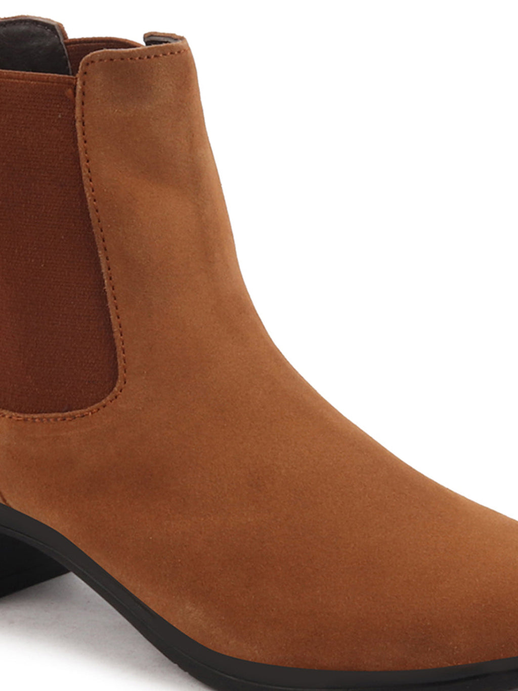 Shop Women Tan Flared Heel High Ankle Suede Leather Classic Winter Chelsea Boots Online.