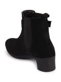 Women Black Flared Heel High Ankle Suede Leather Classic Winter Buckle Strap Chelsea Boots