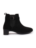 Women Black Flared Heel High Ankle Suede Leather Classic Winter Buckle Strap Chelsea Boots