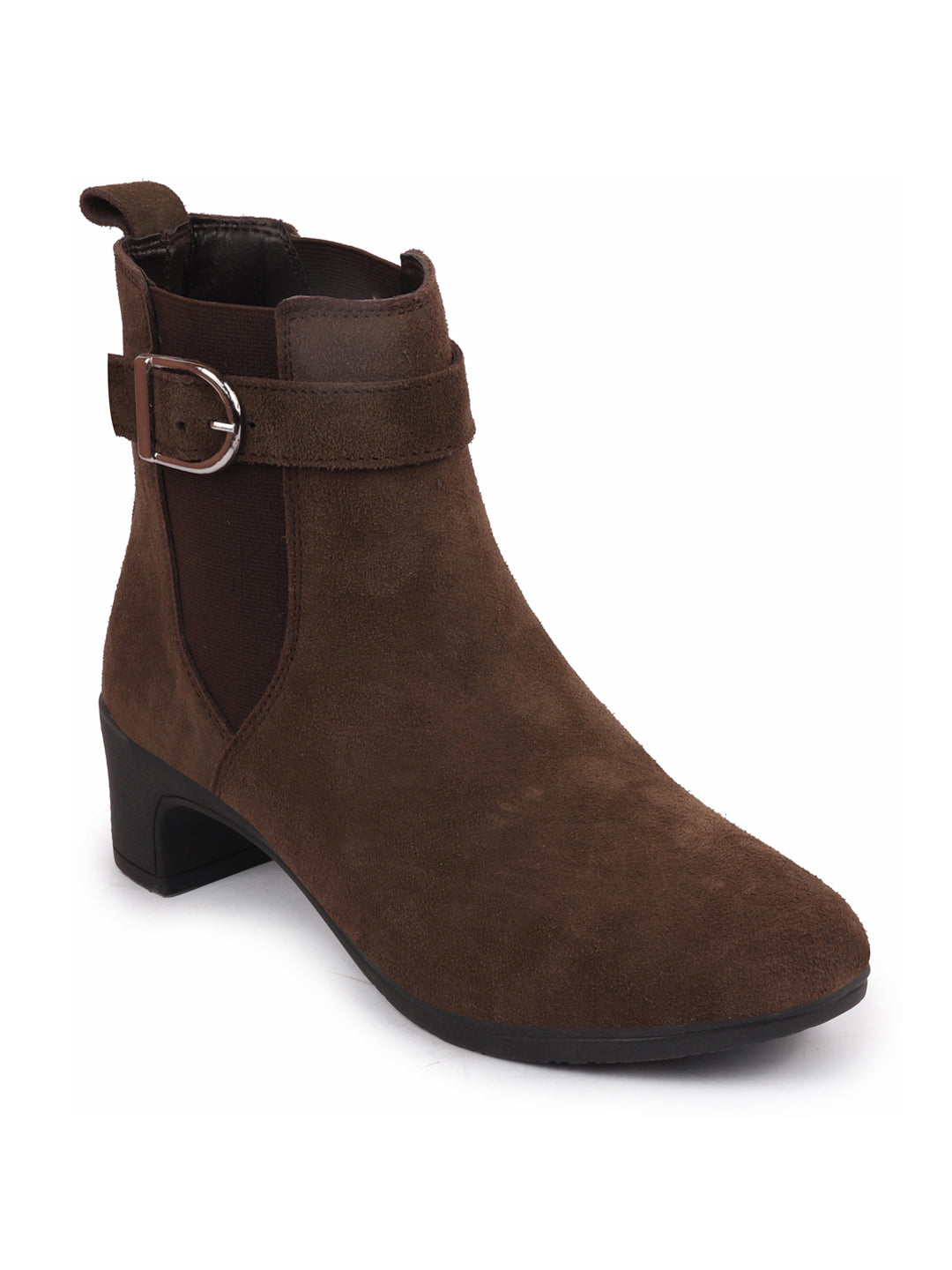 Shop Women Brown Flared Heel High Ankle Suede Leather Classic Winter Buckle Strap Chelsea Boots Online.