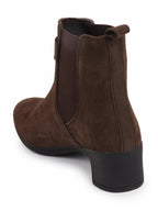 Shop Women Brown Flared Heel High Ankle Suede Leather Classic Winter Buckle Strap Chelsea Boots Online.