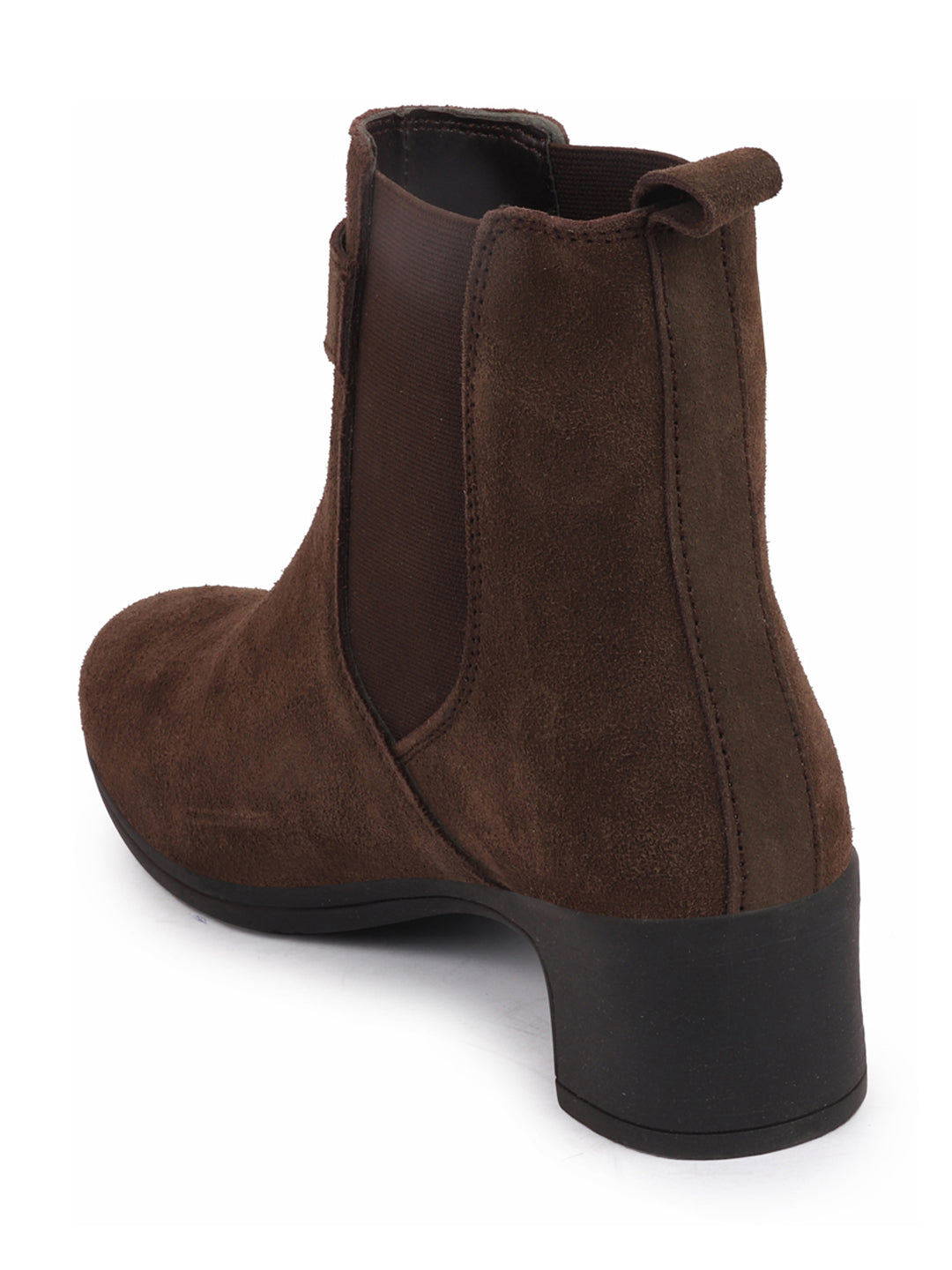 Shop Women Brown Flared Heel High Ankle Suede Leather Classic Winter Buckle Strap Chelsea Boots Online.