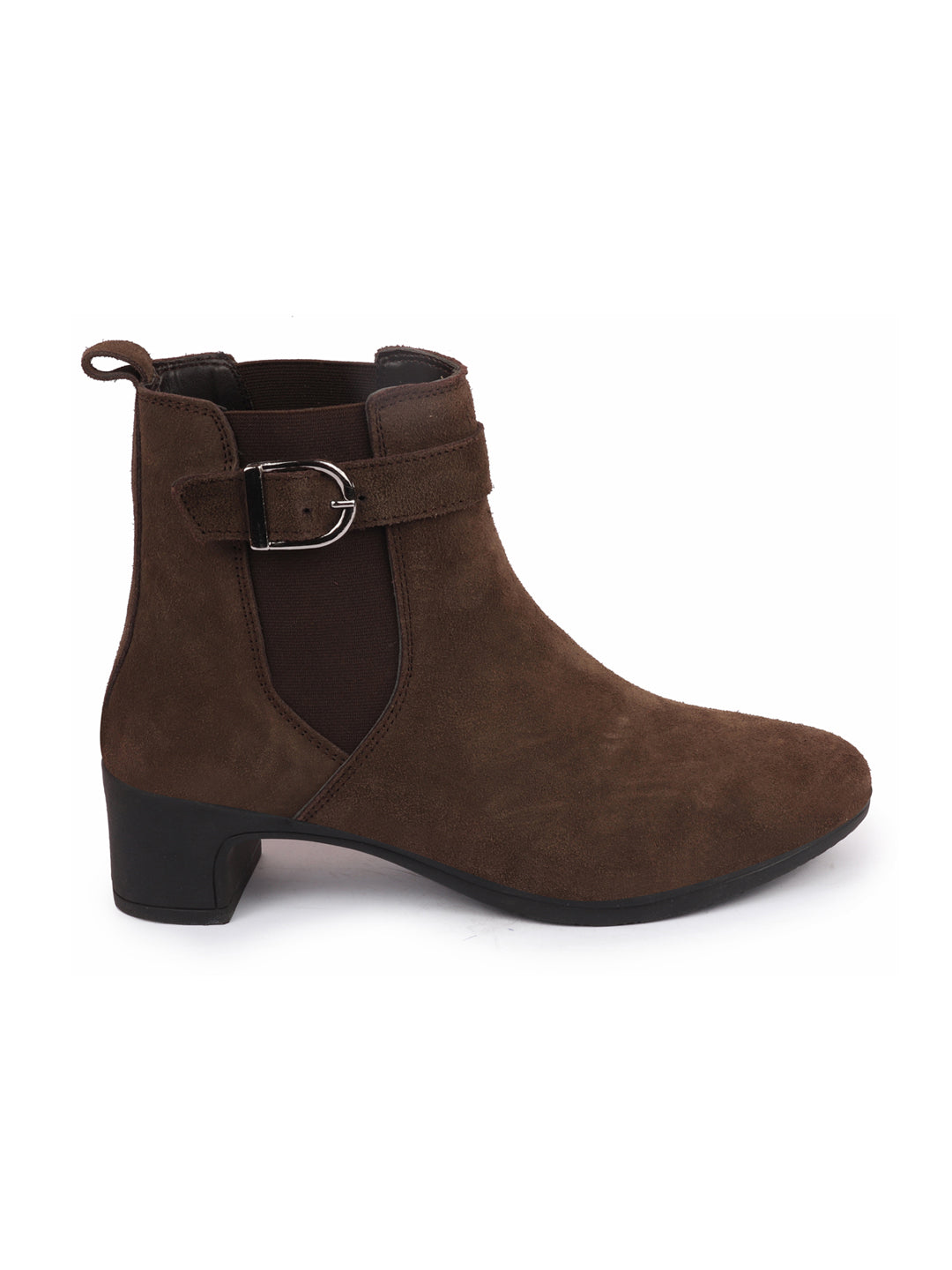 Shop Women Brown Flared Heel High Ankle Suede Leather Classic Winter Buckle Strap Chelsea Boots Online.