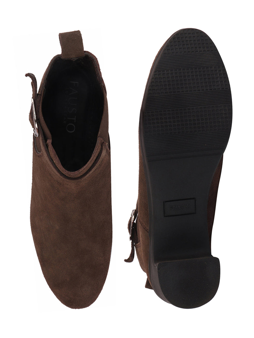 Shop Women Brown Flared Heel High Ankle Suede Leather Classic Winter Buckle Strap Chelsea Boots Online.