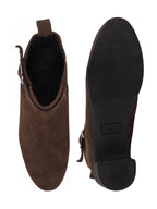 Shop Women Brown Flared Heel High Ankle Suede Leather Classic Winter Buckle Strap Chelsea Boots Online.