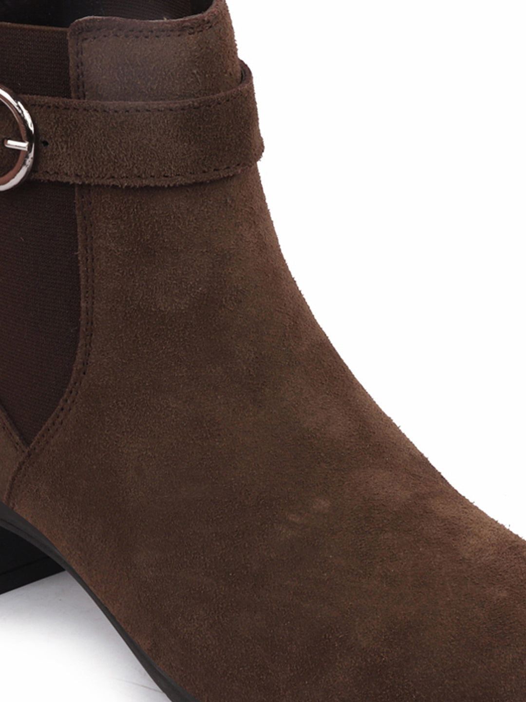 Shop Women Brown Flared Heel High Ankle Suede Leather Classic Winter Buckle Strap Chelsea Boots Online.