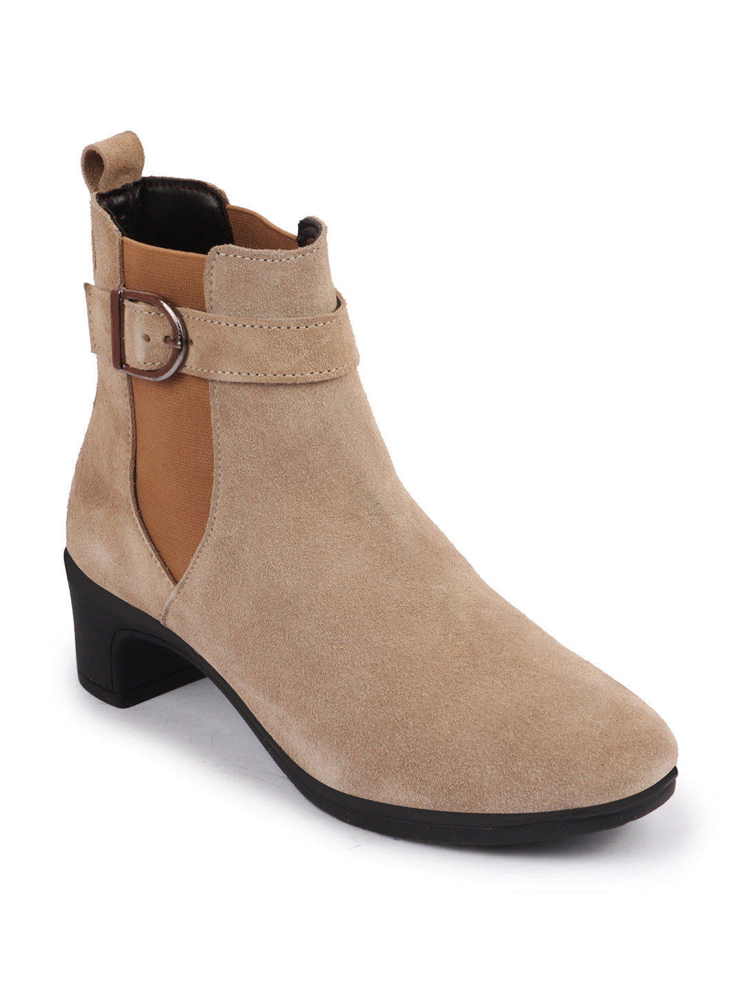 Shop Women Cheeku Flared Heel High Ankle Suede Leather Classic Winter Buckle Strap Chelsea Boots Online.