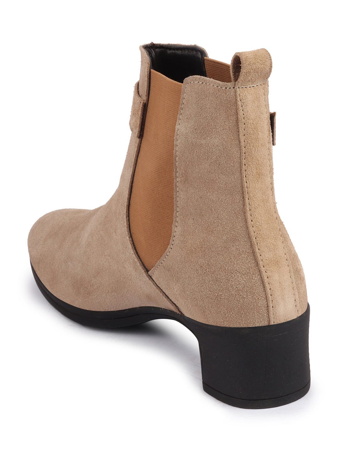 Shop Women Cheeku Flared Heel High Ankle Suede Leather Classic Winter Buckle Strap Chelsea Boots Online.