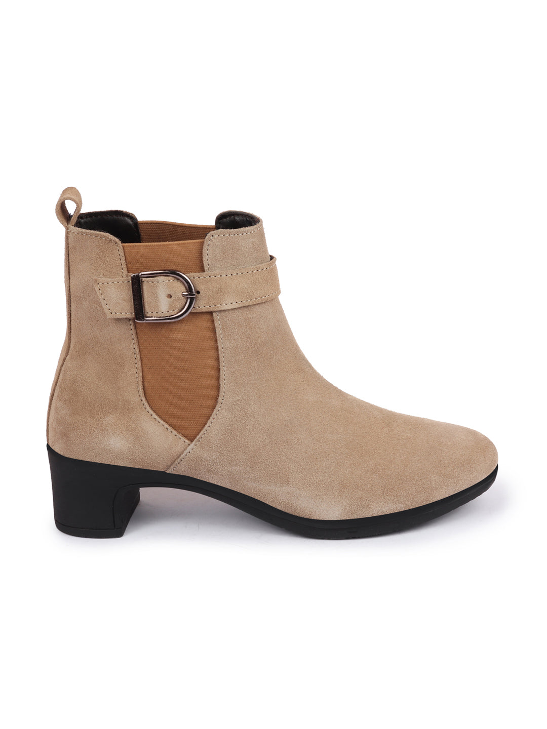 Shop Women Cheeku Flared Heel High Ankle Suede Leather Classic Winter Buckle Strap Chelsea Boots Online.