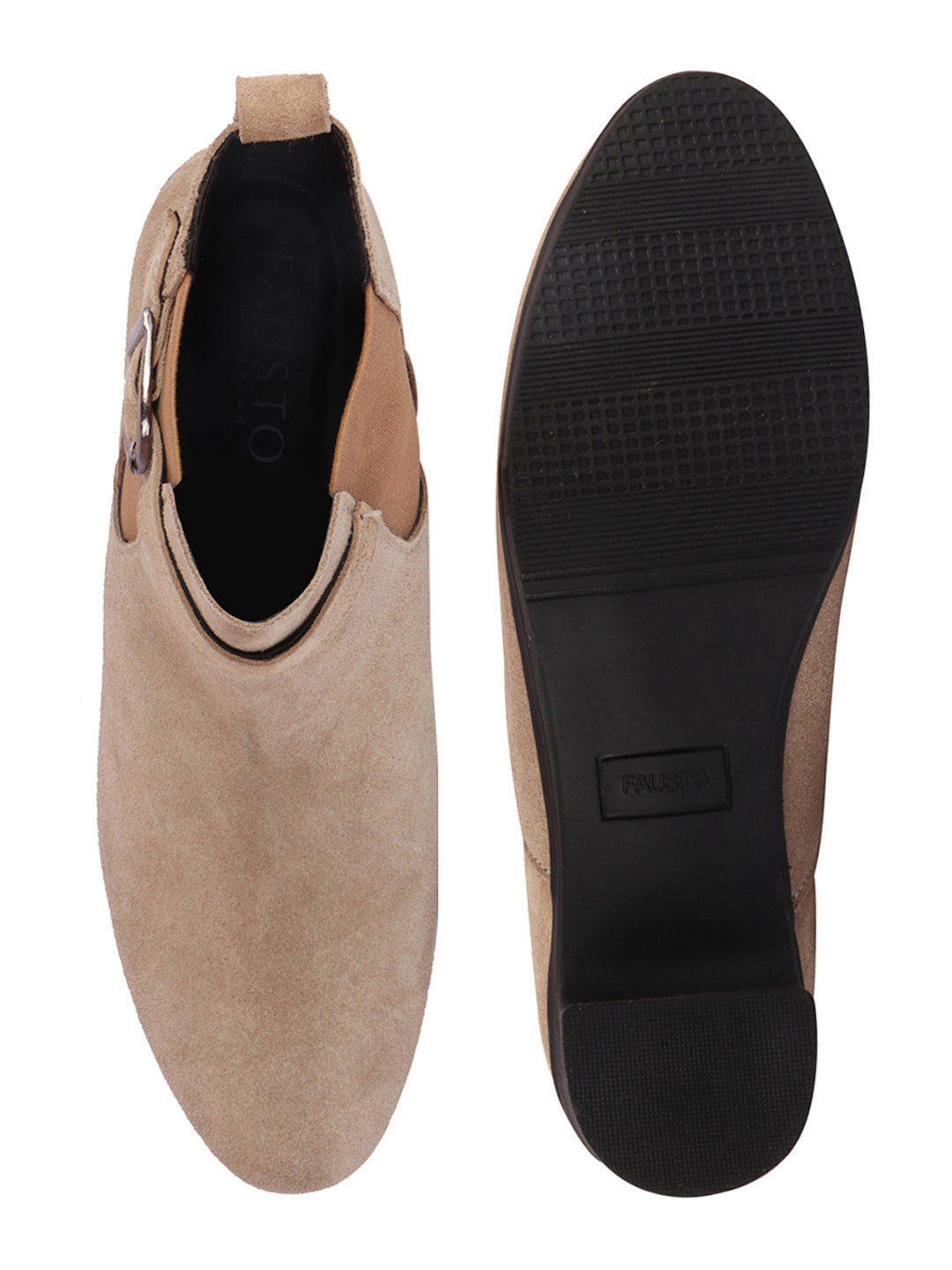 Shop Women Cheeku Flared Heel High Ankle Suede Leather Classic Winter Buckle Strap Chelsea Boots Online.