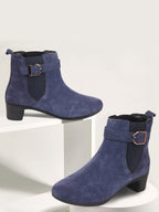 Shop Women Navy Flared Heel High Ankle Suede Leather Classic Winter Buckle Strap Chelsea Boots Online.