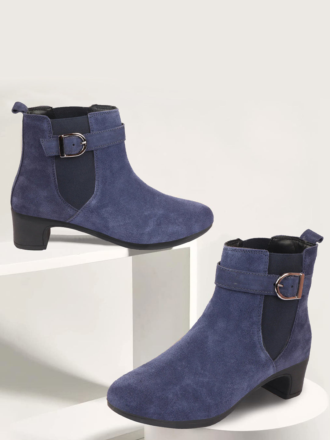 Shop Women Navy Flared Heel High Ankle Suede Leather Classic Winter Buckle Strap Chelsea Boots Online.