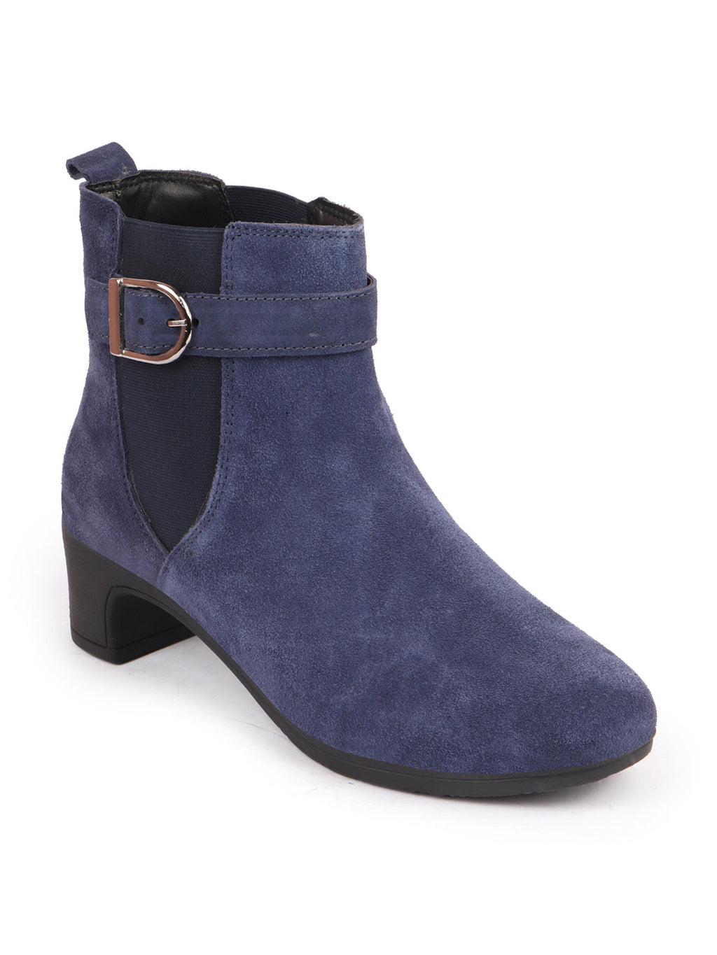 Shop Women Navy Flared Heel High Ankle Suede Leather Classic Winter Buckle Strap Chelsea Boots Online.
