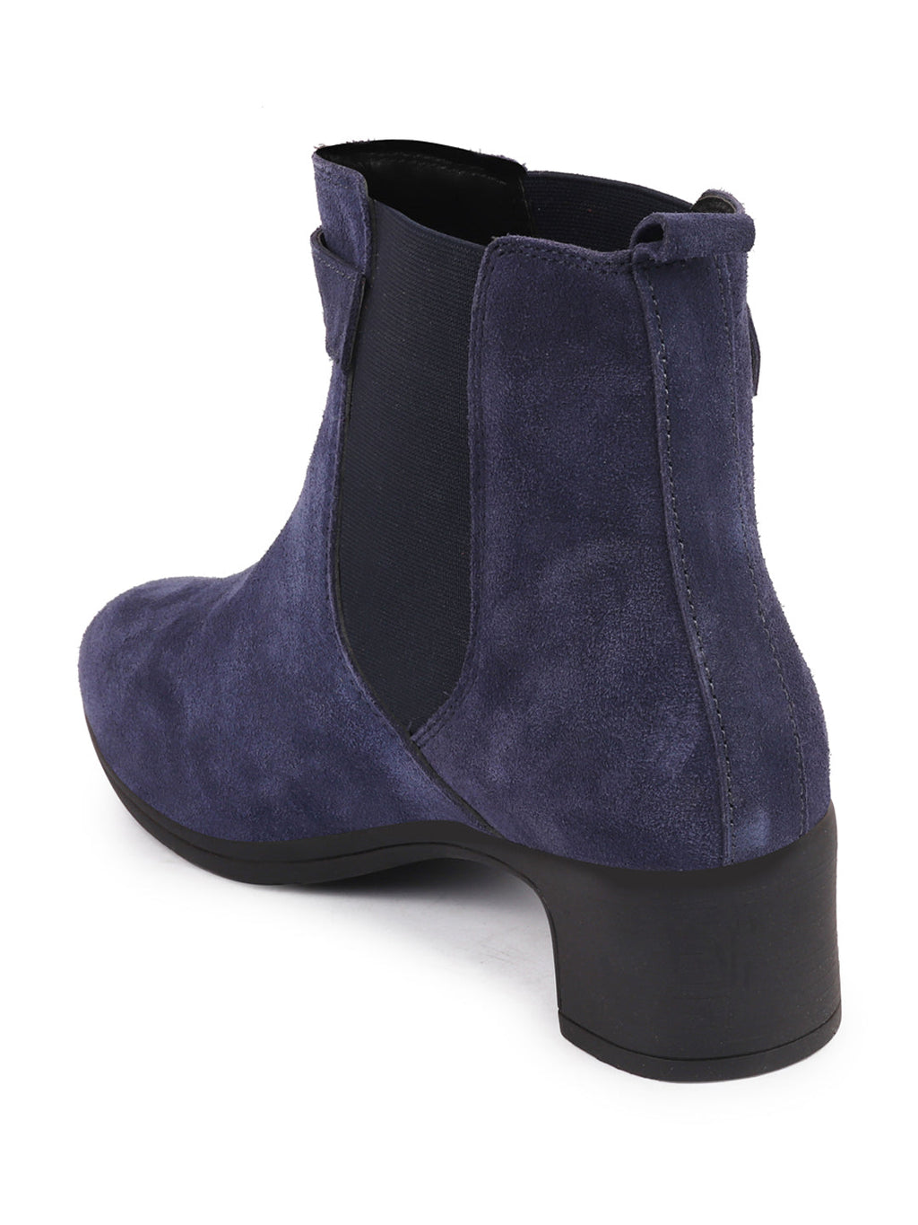 Shop Women Navy Flared Heel High Ankle Suede Leather Classic Winter Buckle Strap Chelsea Boots Online.