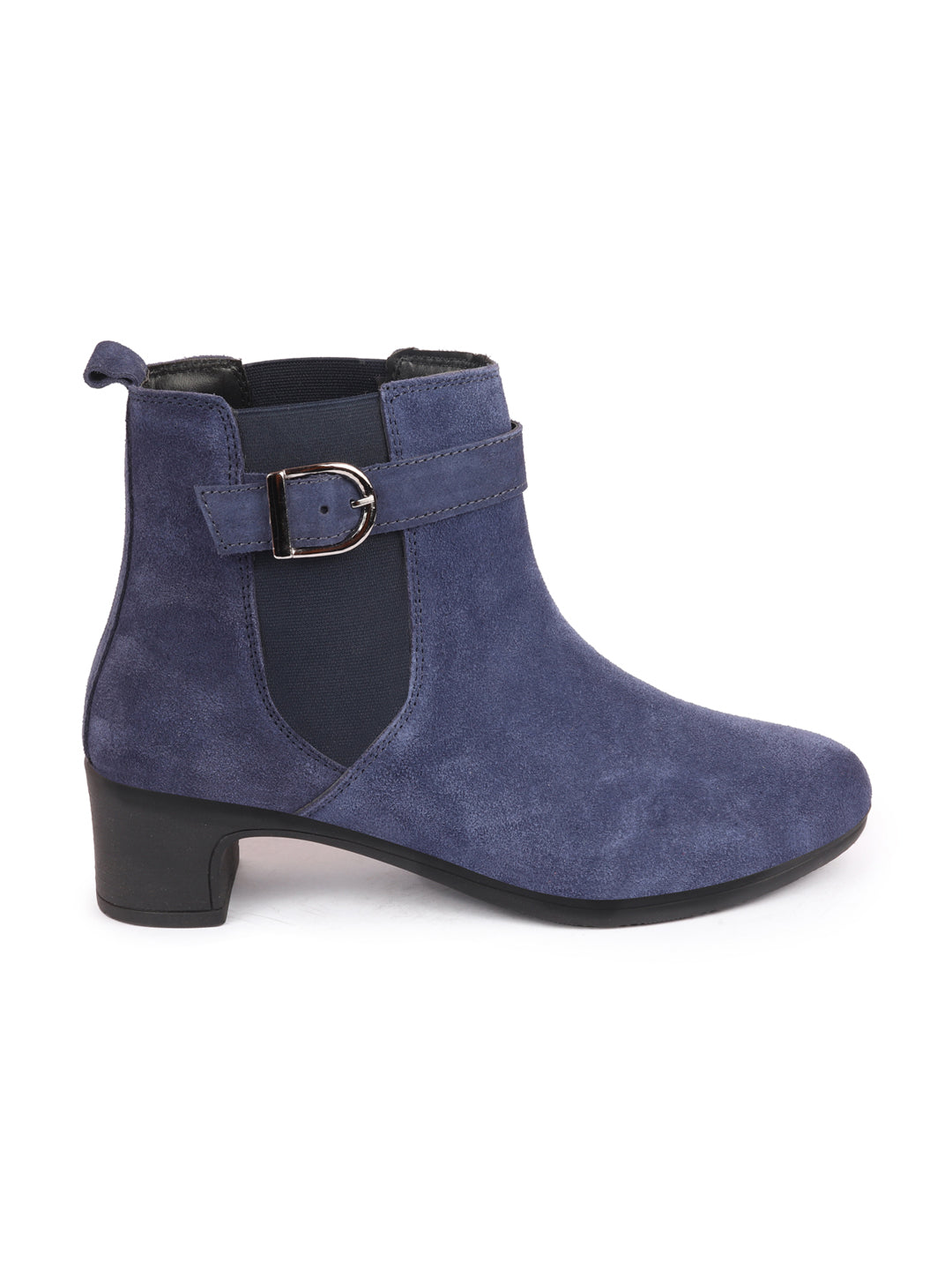 Shop Women Navy Flared Heel High Ankle Suede Leather Classic Winter Buckle Strap Chelsea Boots Online.
