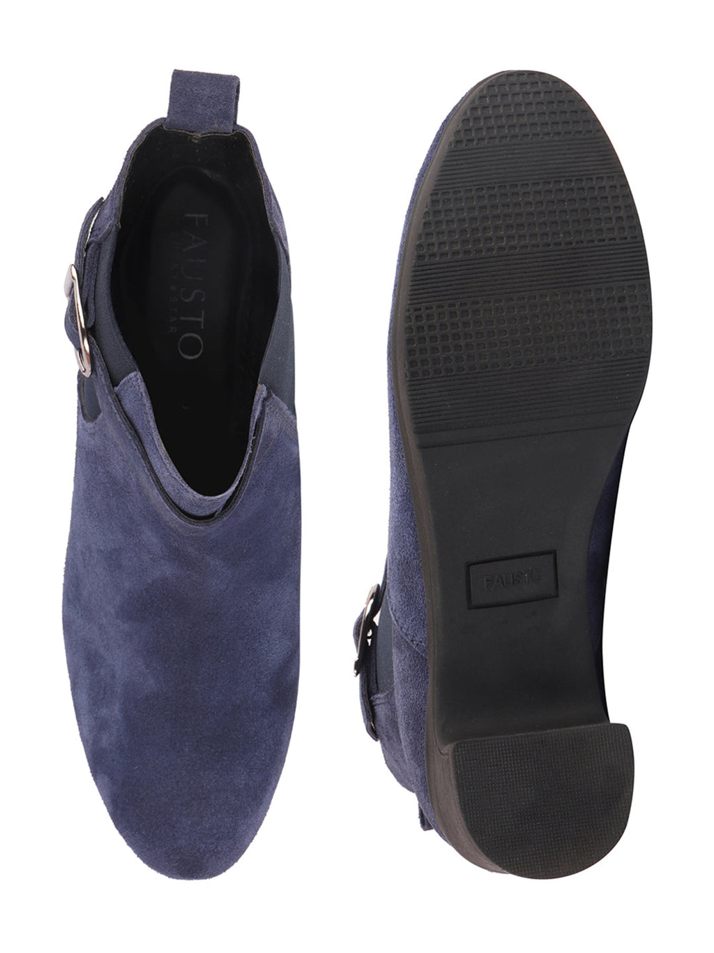 Shop Women Navy Flared Heel High Ankle Suede Leather Classic Winter Buckle Strap Chelsea Boots Online.