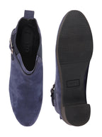 Shop Women Navy Flared Heel High Ankle Suede Leather Classic Winter Buckle Strap Chelsea Boots Online.