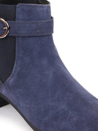 Shop Women Navy Flared Heel High Ankle Suede Leather Classic Winter Buckle Strap Chelsea Boots Online.