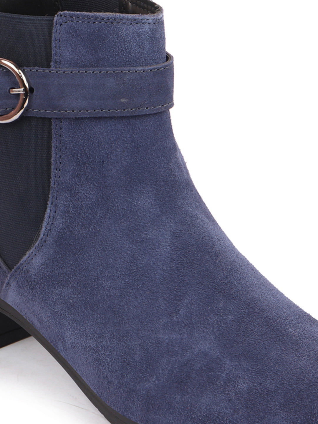 Shop Women Navy Flared Heel High Ankle Suede Leather Classic Winter Buckle Strap Chelsea Boots Online.