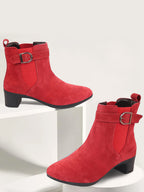 Shop Women Red Flared Heel High Ankle Suede Leather Classic Winter Buckle Strap Chelsea Boots Online.