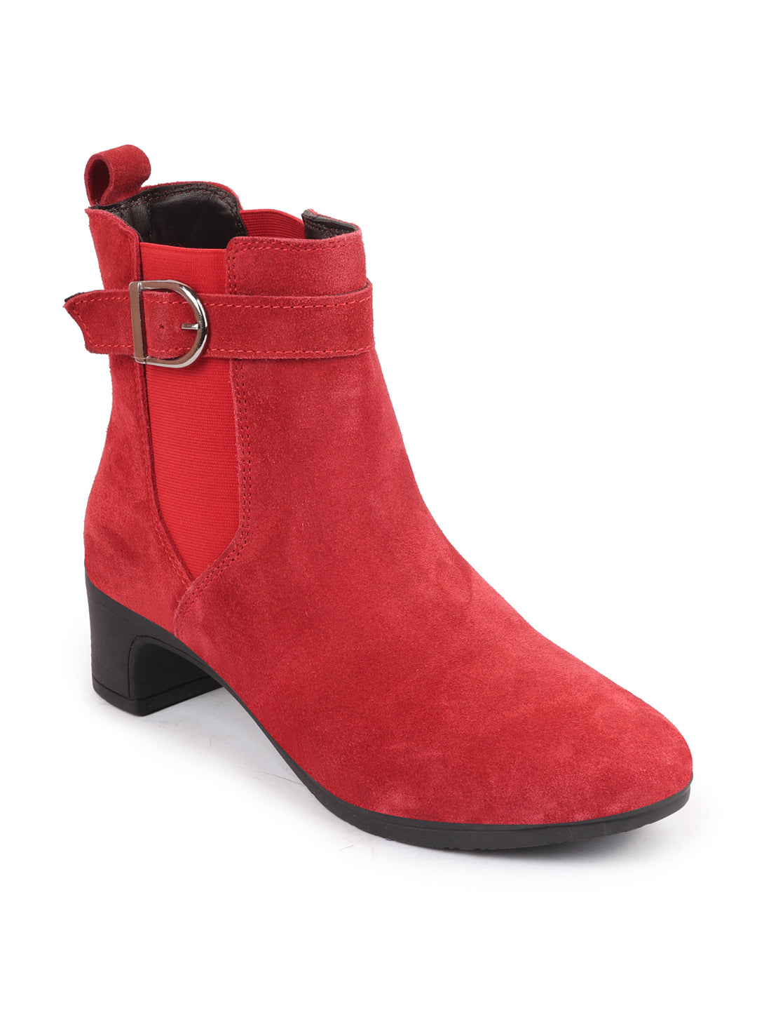 Shop Women Red Flared Heel High Ankle Suede Leather Classic Winter Buckle Strap Chelsea Boots Online.