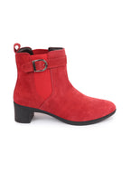 Shop Women Red Flared Heel High Ankle Suede Leather Classic Winter Buckle Strap Chelsea Boots Online.