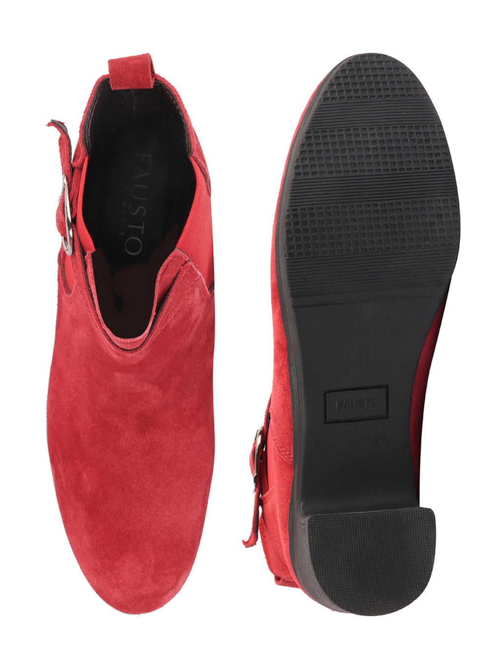 Shop Women Red Flared Heel High Ankle Suede Leather Classic Winter Buckle Strap Chelsea Boots Online.
