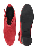 Shop Women Red Flared Heel High Ankle Suede Leather Classic Winter Buckle Strap Chelsea Boots Online.