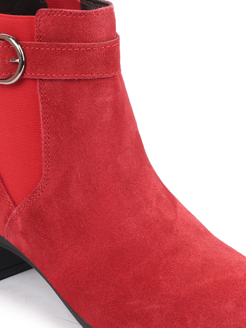 Shop Women Red Flared Heel High Ankle Suede Leather Classic Winter Buckle Strap Chelsea Boots Online.