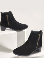 Shop Women Black Flared Heel Mid Top Suede Leather Zipper Closure Winter Chelsea Boots Online.
