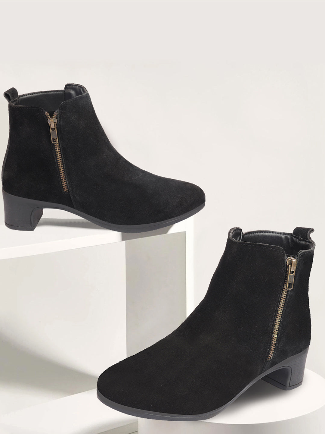 Shop Women Black Flared Heel Mid Top Suede Leather Zipper Closure Winter Chelsea Boots Online.
