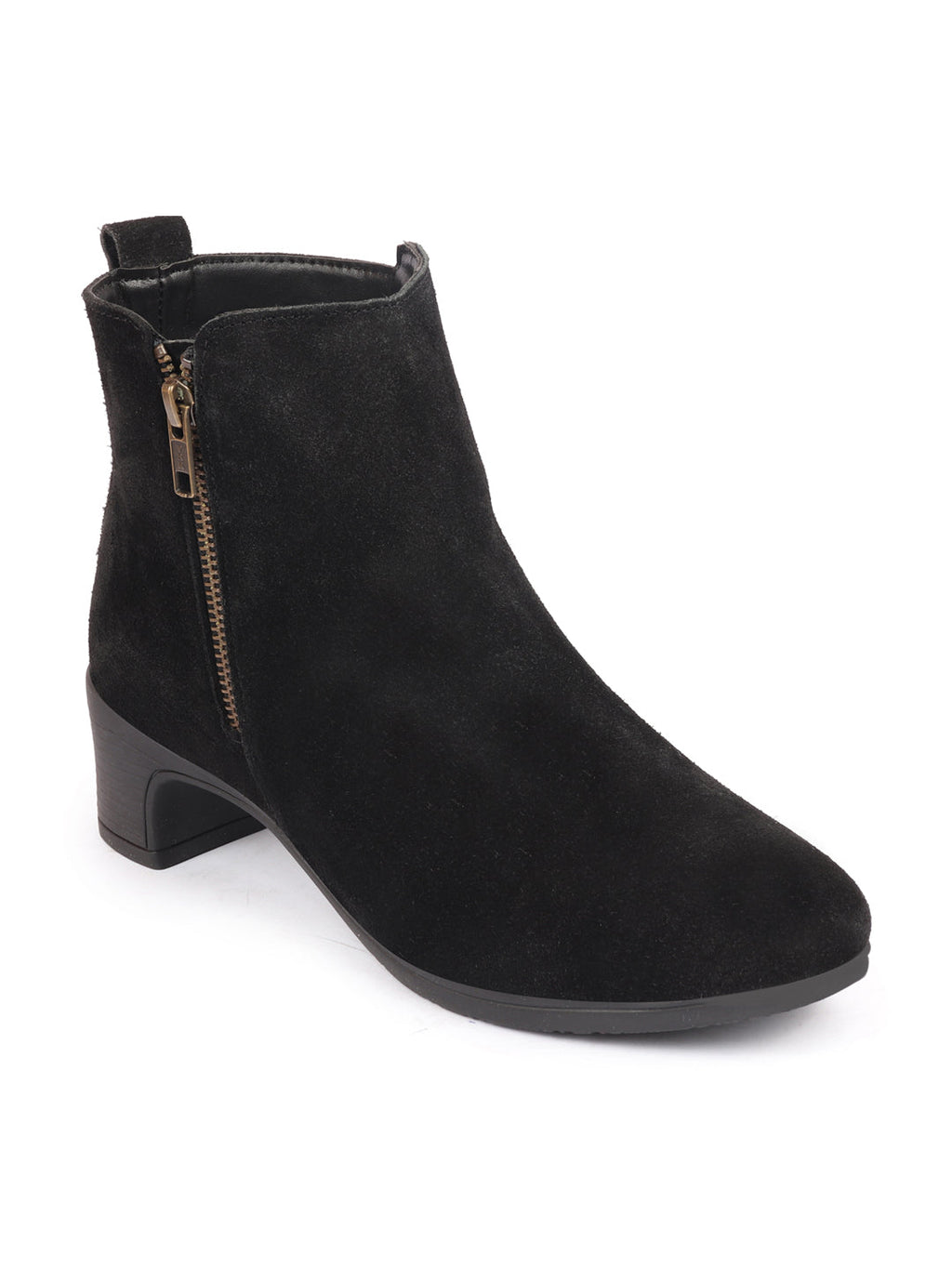 Shop Women Black Flared Heel Mid Top Suede Leather Zipper Closure Winter Chelsea Boots Online.