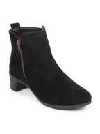 Shop Women Black Flared Heel Mid Top Suede Leather Zipper Closure Winter Chelsea Boots Online.