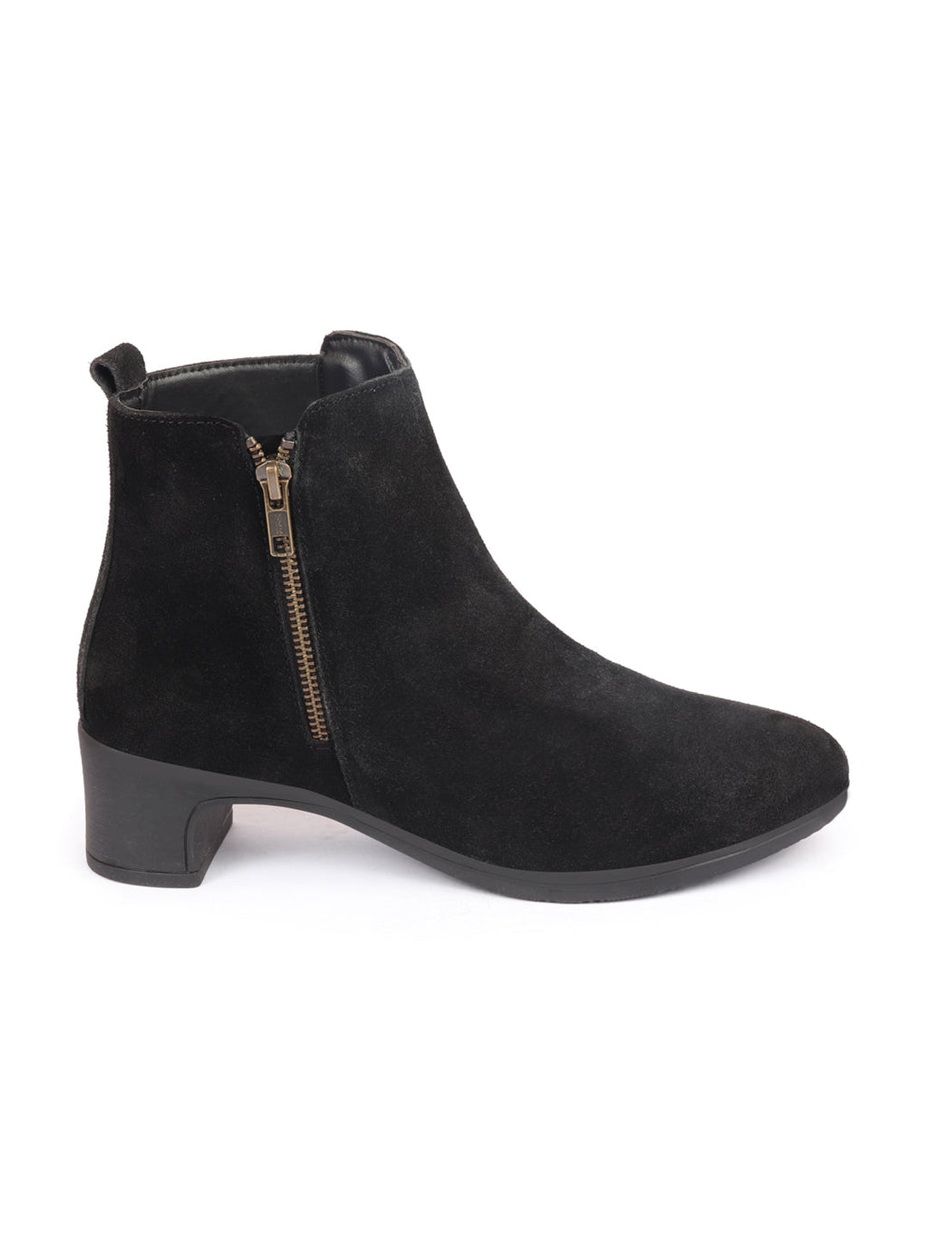 Shop Women Black Flared Heel Mid Top Suede Leather Zipper Closure Winter Chelsea Boots Online.