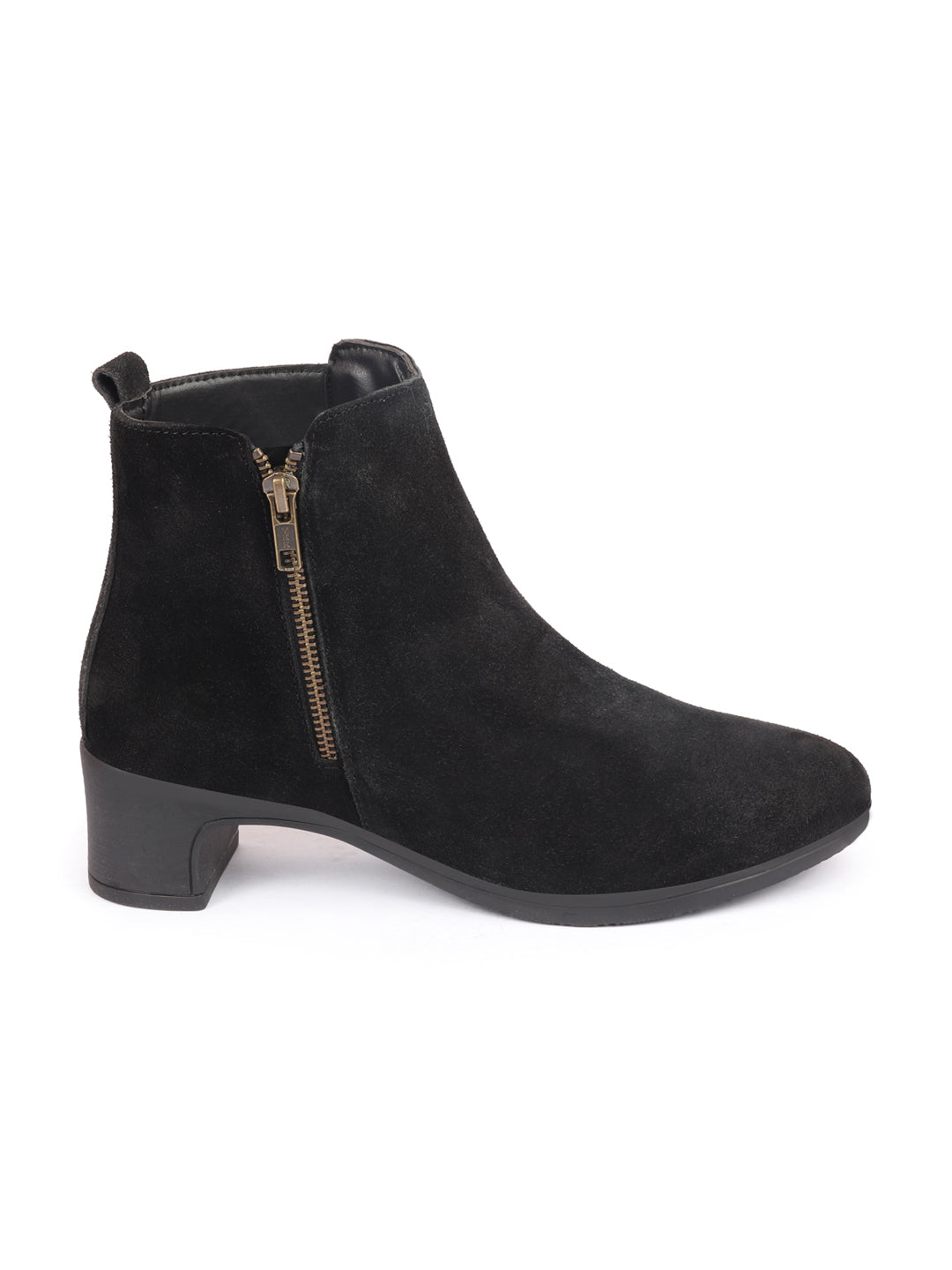 Shop Women Black Flared Heel Mid Top Suede Leather Zipper Closure Winter Chelsea Boots Online.