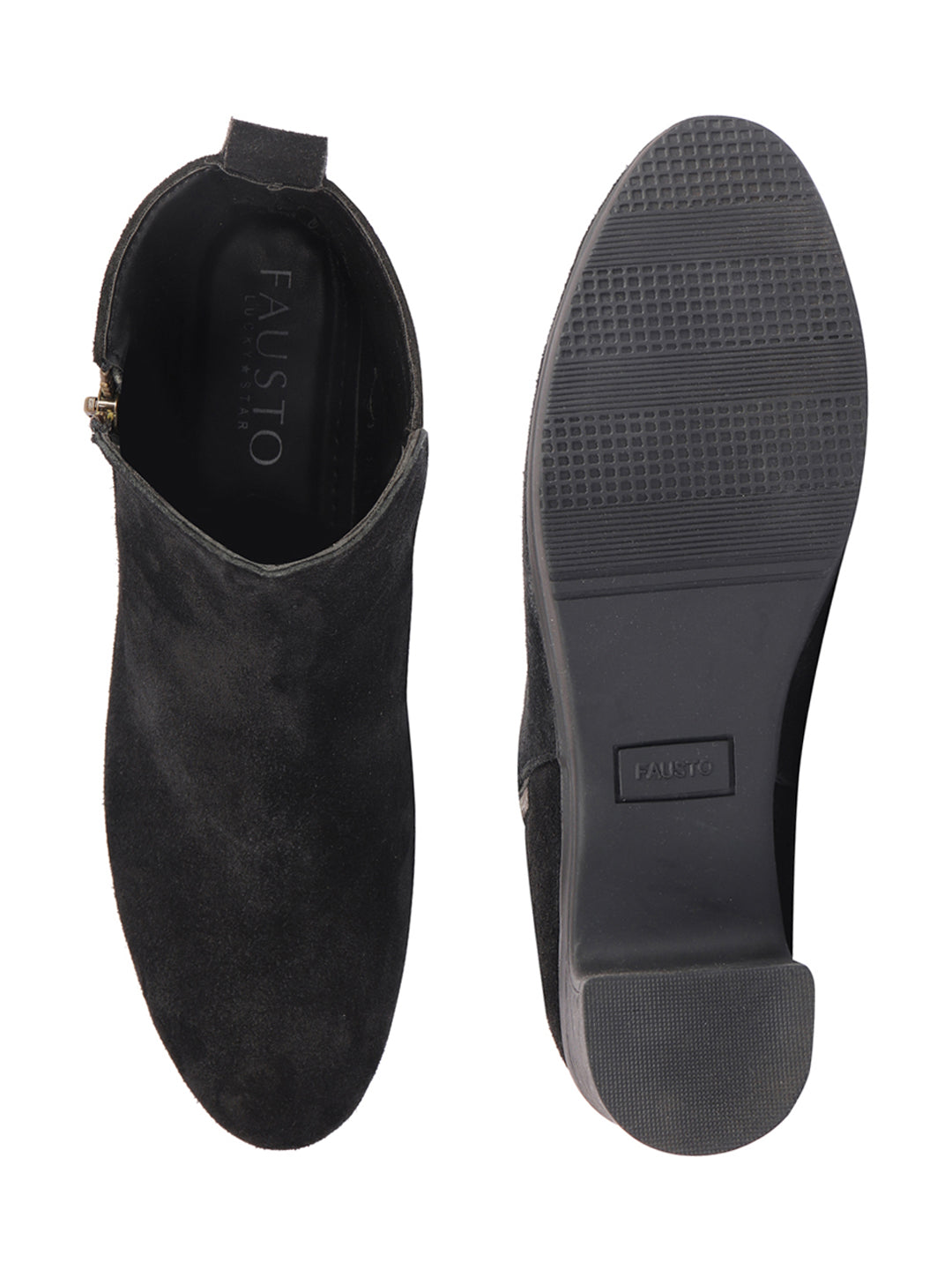Shop Women Black Flared Heel Mid Top Suede Leather Zipper Closure Winter Chelsea Boots Online.