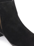 Shop Women Black Flared Heel Mid Top Suede Leather Zipper Closure Winter Chelsea Boots Online.