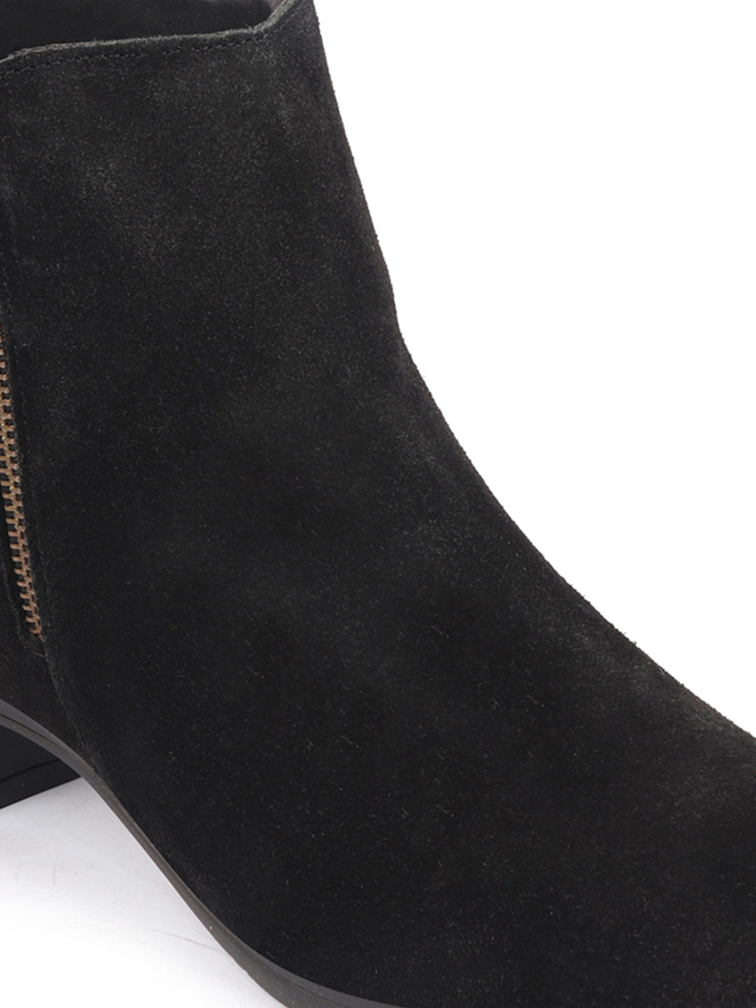 Shop Women Black Flared Heel Mid Top Suede Leather Zipper Closure Winter Chelsea Boots Online.