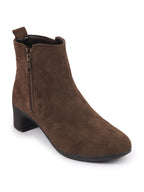 Shop Women Brown Flared Heel Mid Top Suede Leather Zipper Closure Winter Chelsea Boots Online.