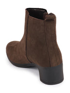 Shop Women Brown Flared Heel Mid Top Suede Leather Zipper Closure Winter Chelsea Boots Online.