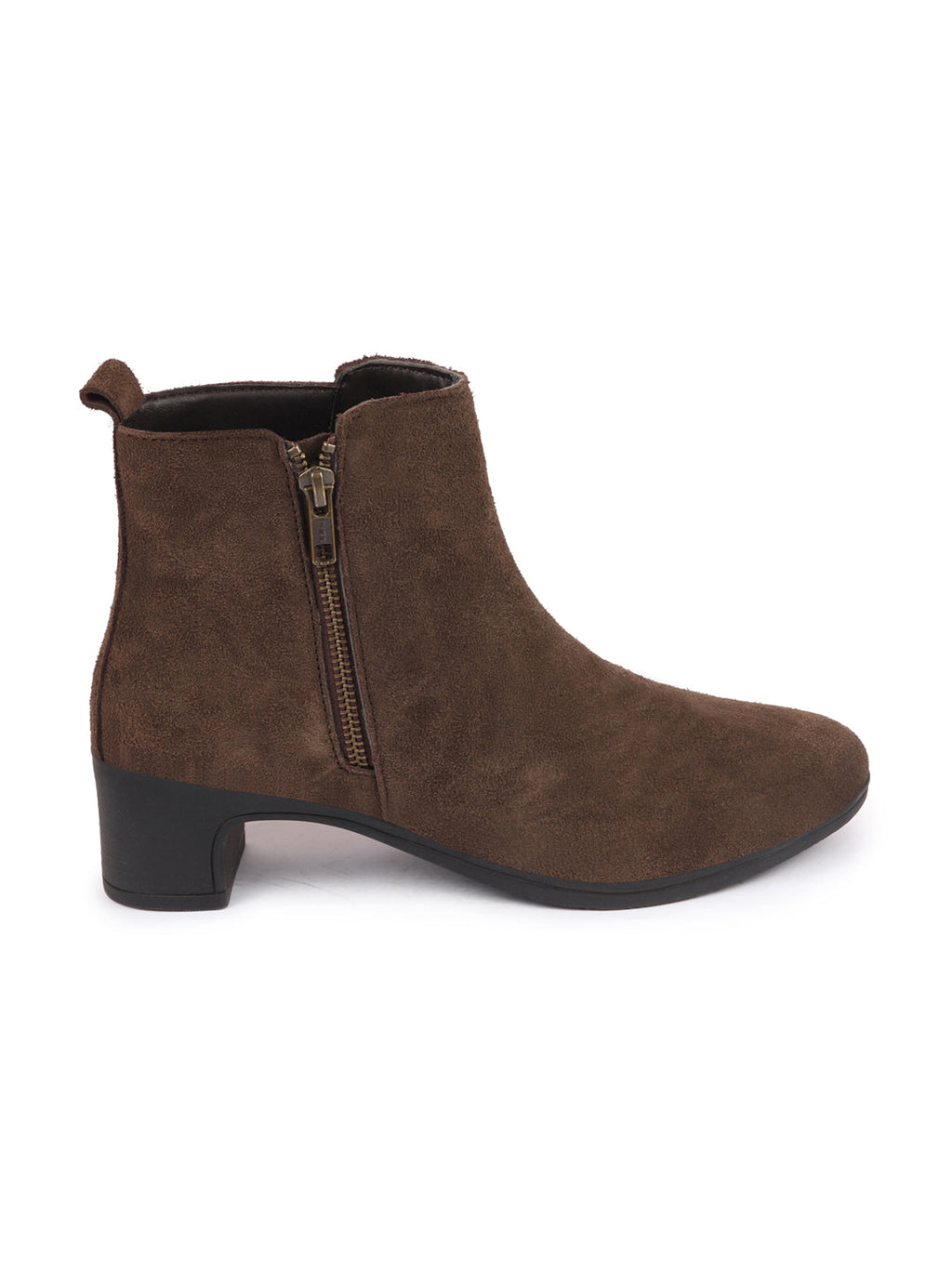 Shop Women Brown Flared Heel Mid Top Suede Leather Zipper Closure Winter Chelsea Boots Online.