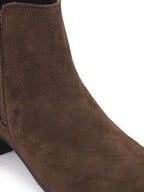 Shop Women Brown Flared Heel Mid Top Suede Leather Zipper Closure Winter Chelsea Boots Online.